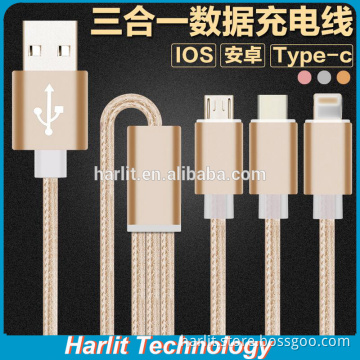 3 in 1 Fabric Weaved USB Data Cable For iPhone Android and Type C Tablet PC and Smart Phone Type C 3 in 1 USB Charger Cable